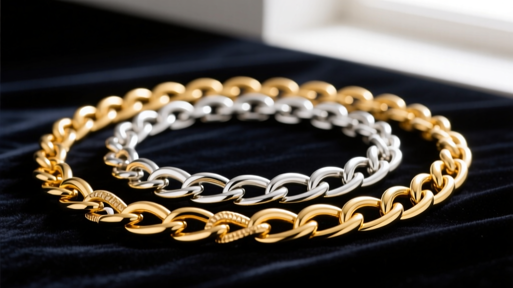 Macro shot of 14k yellow gold, 18k white gold, and platinum chain links showing subtle color differences on a dark velvet surface.