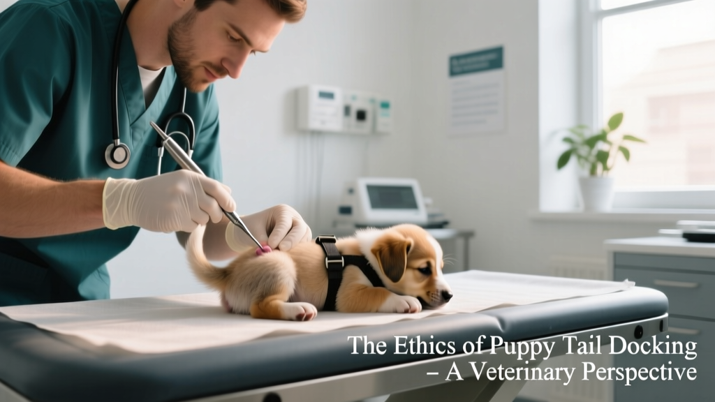 Veterinarian performing tail docking on a very young puppy under controlled clinical conditions
