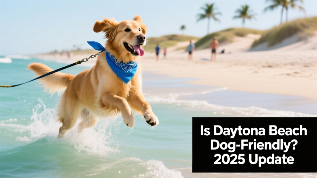 Happy dog playing in shallow water at Flagler Beach Dog Beach, wearing a bright blue bandana and leash