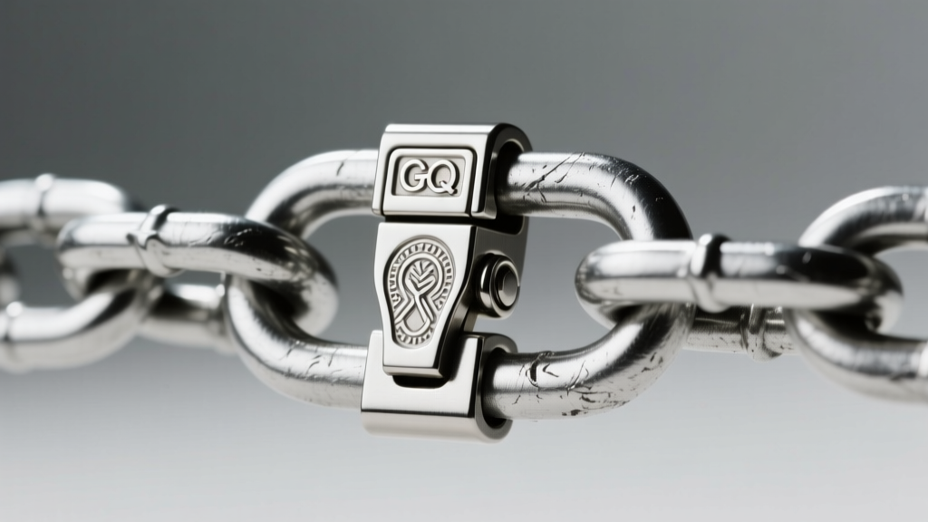 Macro photography of a heavy-duty double-locking silver box clasp with a figure-eight safety catch on a thick curb chain