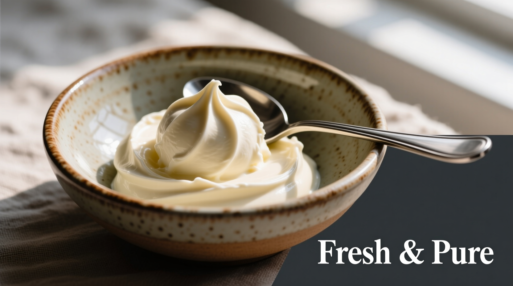 Fresh mascarpone cheese in ceramic bowl with spoon