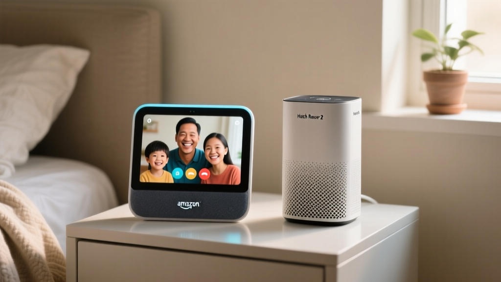 Amazon Echo Show 8 displaying a large video call interface with a smiling family member, sitting on a bedside table next to a Hatch Restore 2