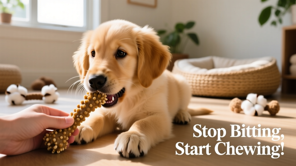 Puppy gently chewing on a FurPetVo chew toy instead of a hand