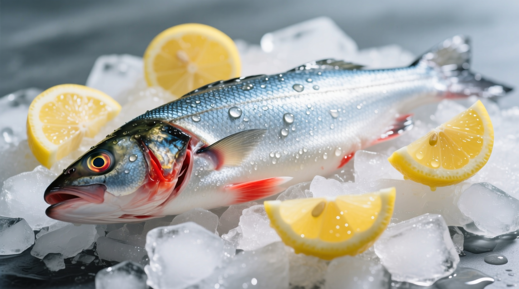 Fresh branzino fish on ice with lemon wedges