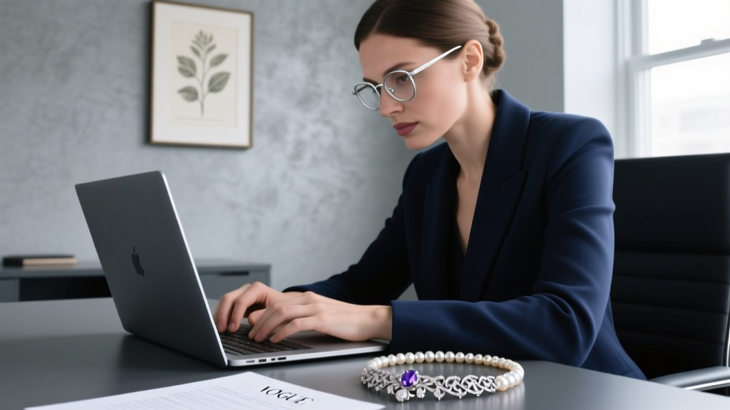 Certified gemologist typing an insurance appraisal document on a laptop next to a vintage Edwardian pearl and platinum necklace