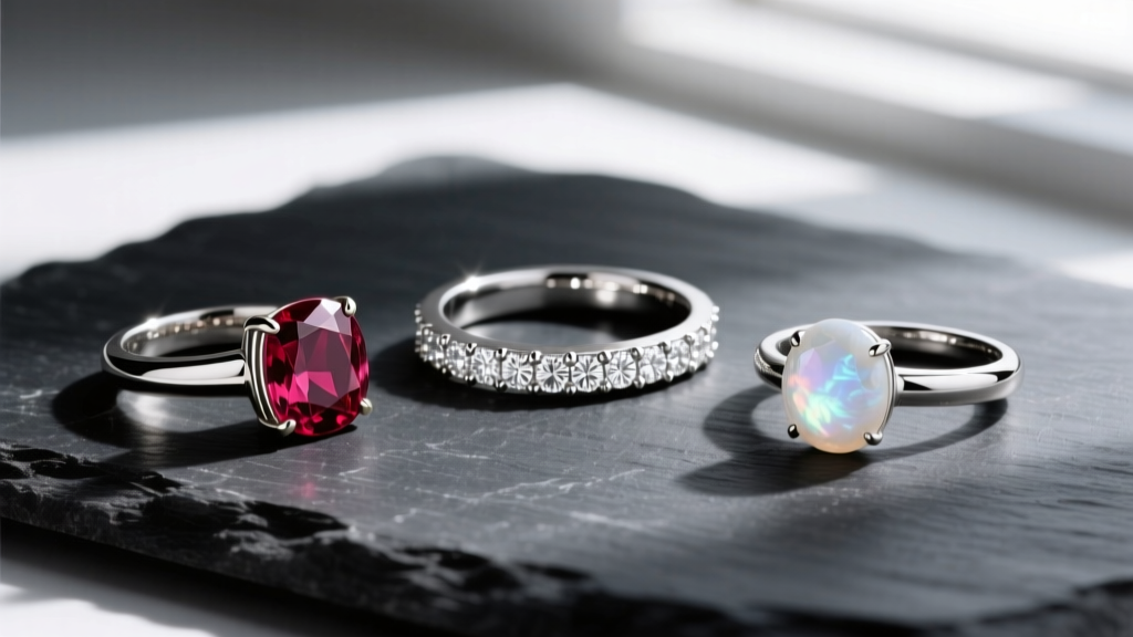 Three gemstone rings on dark slate: a bezel-set ruby, a channel-set diamond band, and a low-profile cabochon moonstone ring.