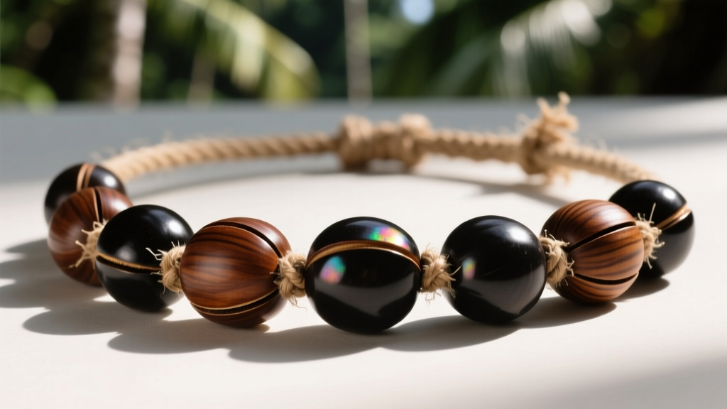 Close-up of a traditional Hawaiian kukui tree nut necklace featuring polished dark brown and black nuts strung on a cotton cord