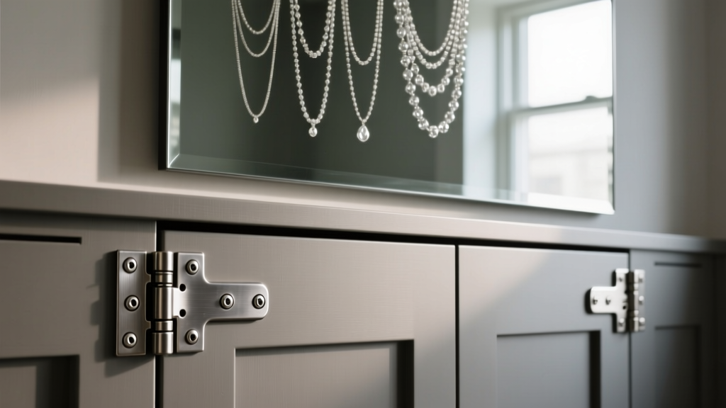 Close-up of heavy-duty steel cabinet hinges on an MDF door, supporting a large mirror and hanging silver necklaces indoors