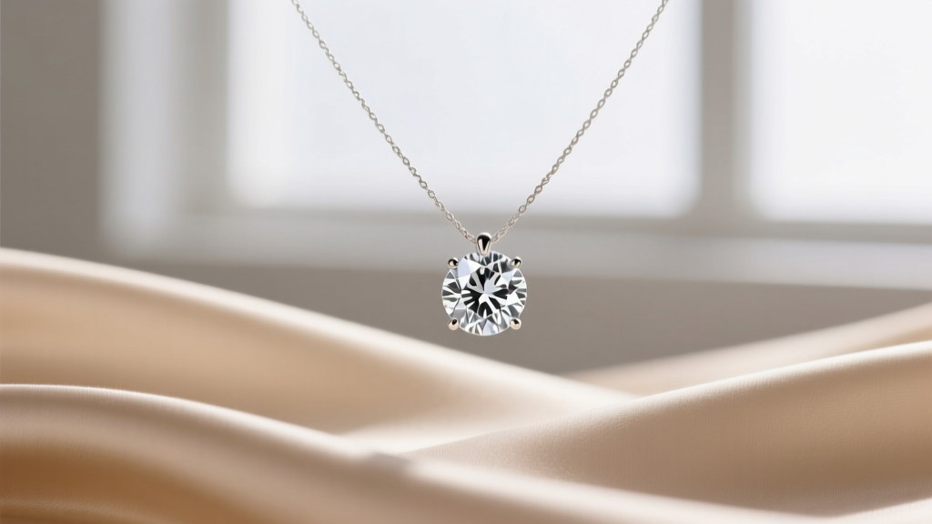 Clear 0.4mm monofilament thread necklace featuring a floating round diamond solitaire pendant resting on soft beige silk fabric.