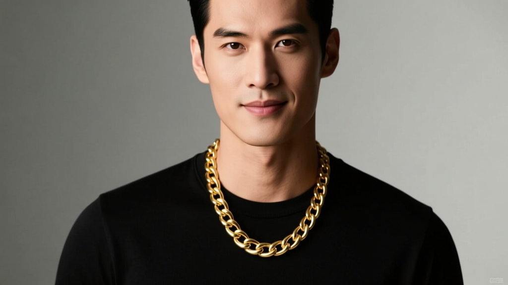Portrait of a stylish man wearing a 12mm solid 14K yellow gold Miami Cuban link chain over a black t-shirt, soft studio lighting