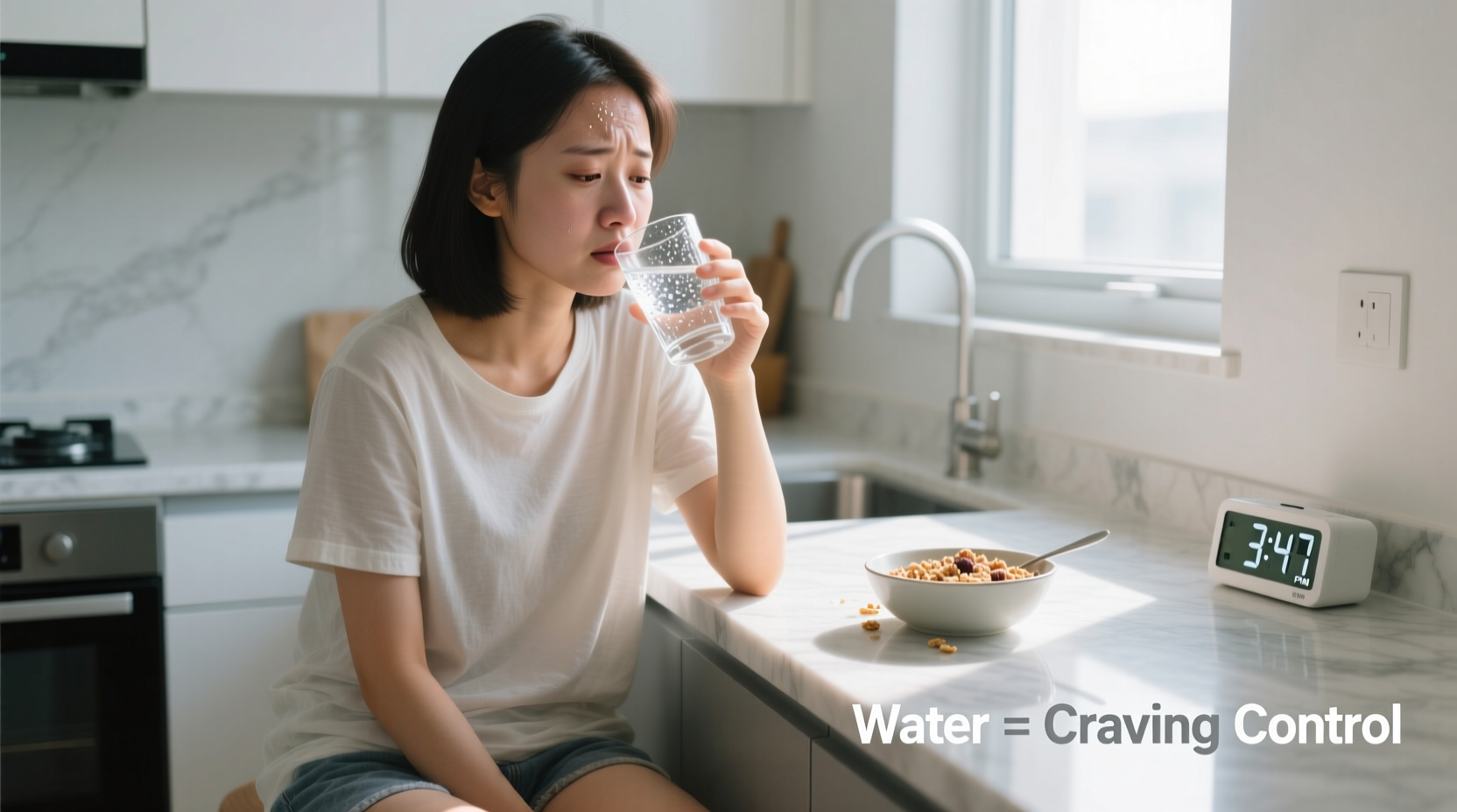 Woman drinking water to suppress food cravings