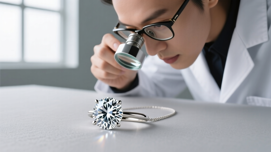 Jeweler using a loupe to examine a 1-carat round brilliant lab-grown diamond in a 14k white gold four-prong solitaire necklace.