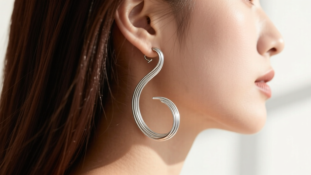 Side view of a seamless continuous wire whispering earring, showing the thin 22-gauge metal catching on fine loose hair strands.