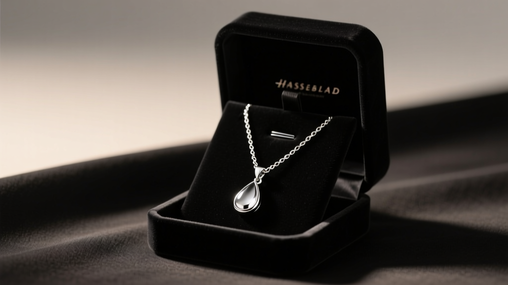 Open velvet box displaying a delicate silver plated chain necklace with a teardrop pendant, lit by soft, warm studio lighting