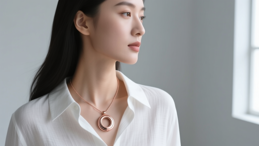 Side profile of a woman wearing a 35mm rose gold vermeil large circle pendant necklace over a white linen button-down shirt