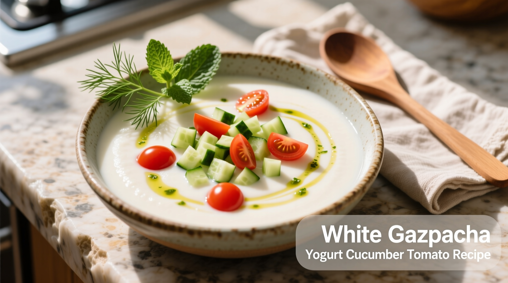 Creamy White Gazpacho Recipe with Yogurt, Cucumber & Tomato