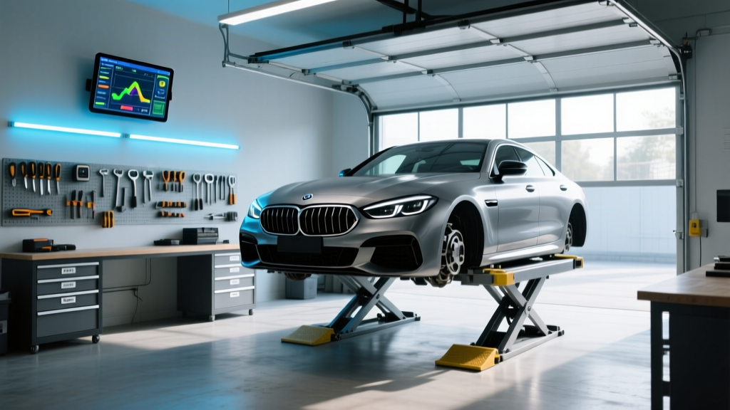 Wide shot of a meticulously organized modern garage workspace featuring LED strip lighting, a portable car lift, and a wall-mounted diagnostic tablet