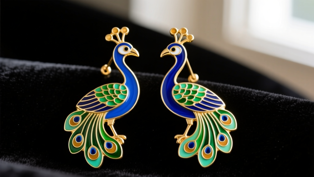 Close-up of vintage gold-tone Laurel Burch peacock bird earrings with vibrant blue and green cloisonné enamel against black velvet.