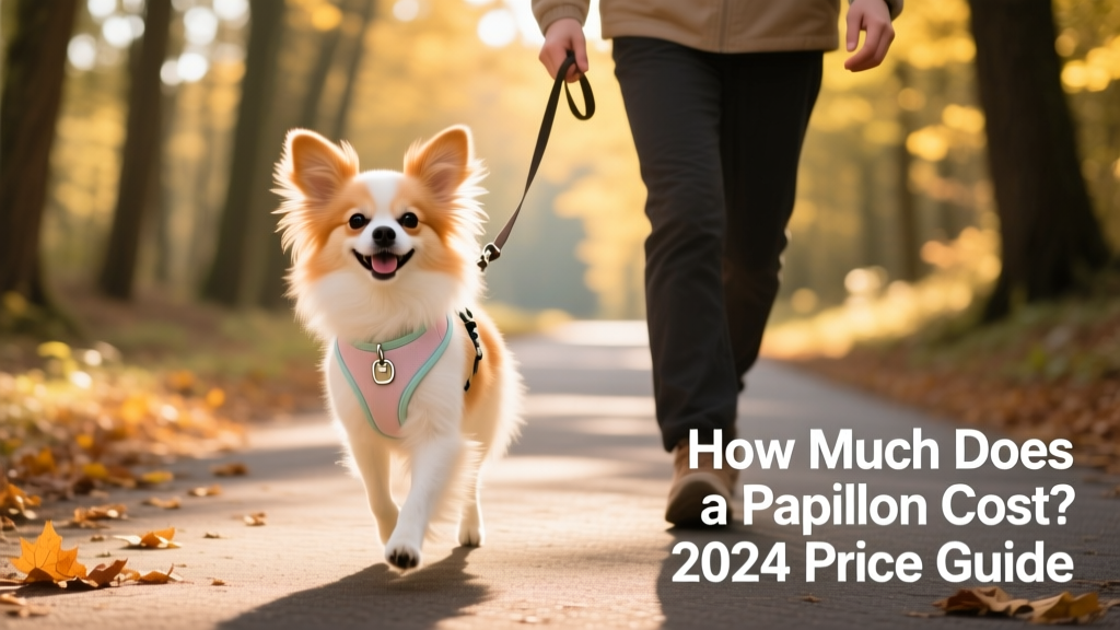 A happy Papillon wearing a lightweight harness, walking confidently beside its owner on a paved trail