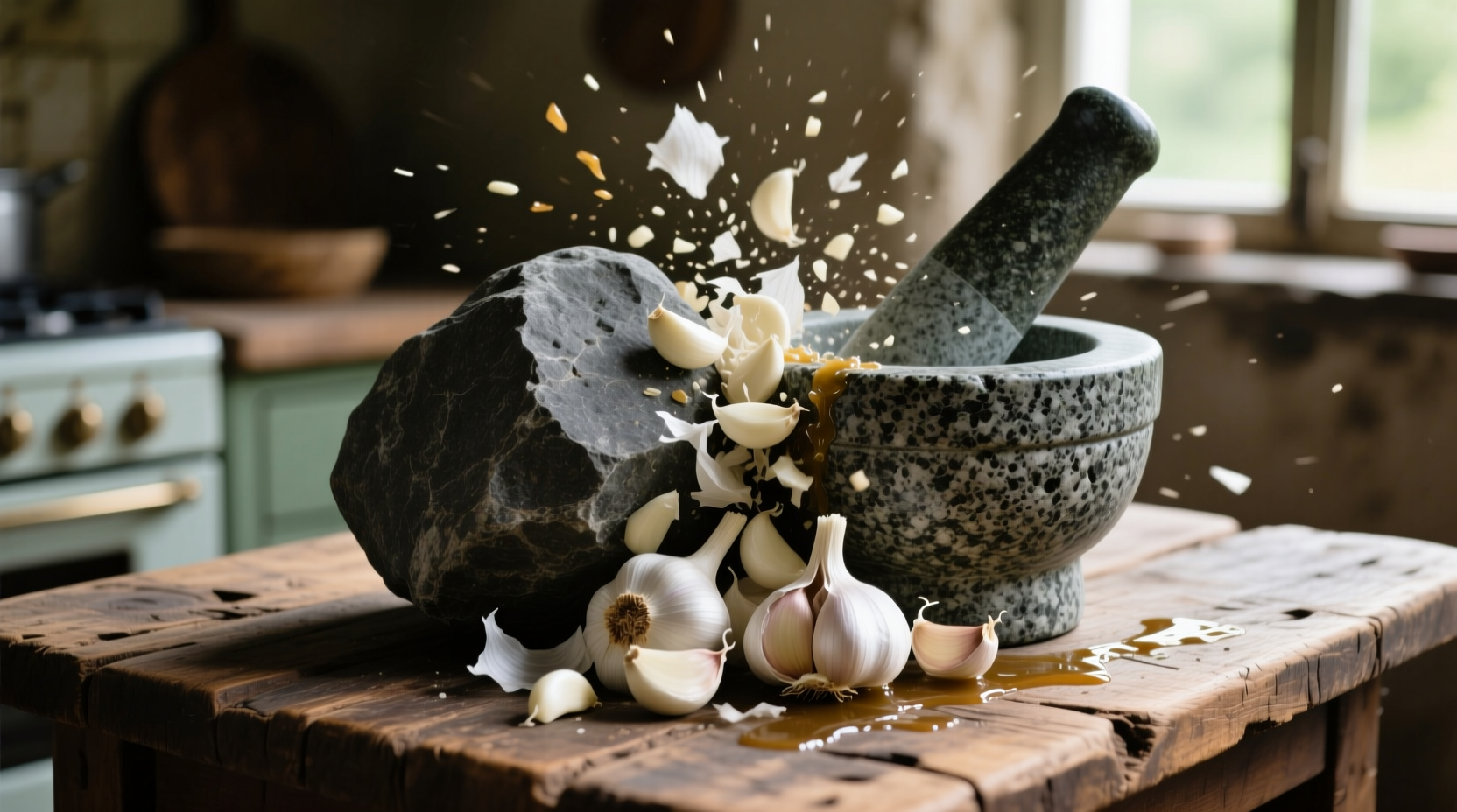 use a rock to crush garlic