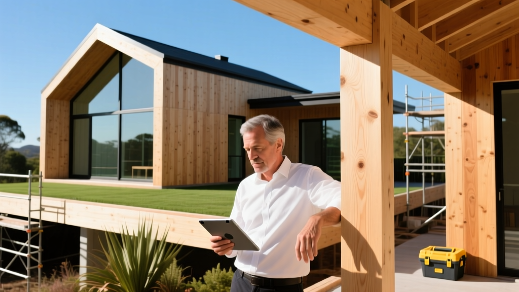 Architect holding tablet beside a half-finished sustainable cross-laminated timber second-storey home extension in bright daylight