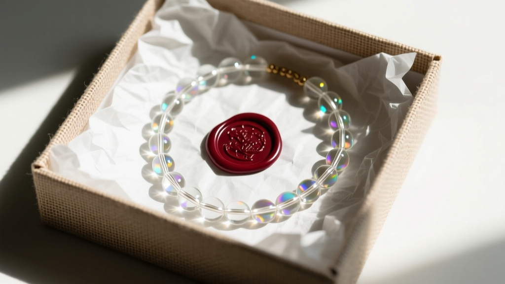 Gift flat-lay of a vintage clear glass bead necklace nestled in tissue paper inside a textured linen box sealed with red wax