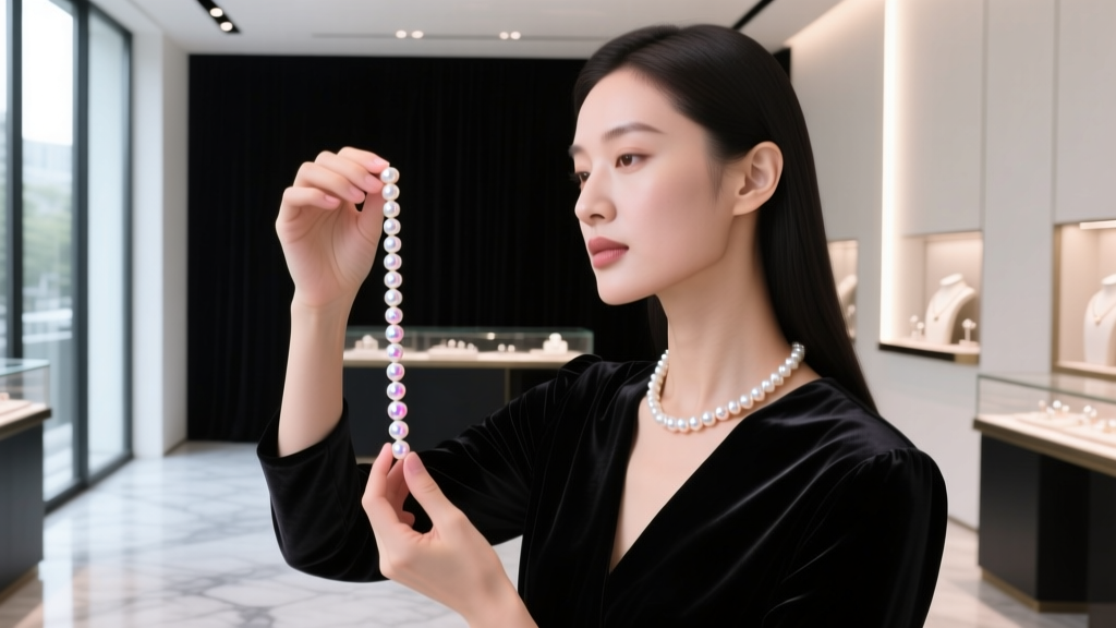Woman holding a strand of Akoya pearls up to the light, examining luster against dark velvet background in a jewelry store