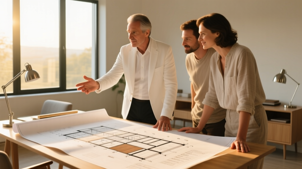 Architect reviewing large format blueprints with a couple at a sunlit drafting table, pointing at structural framing details and material specifications