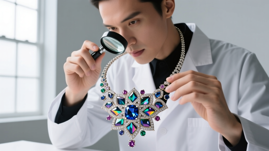 Jeweler inspecting a multi-gem mosaic kaleidoscope necklace with a loupe, highlighting precise bezels and bright sapphire inlays.