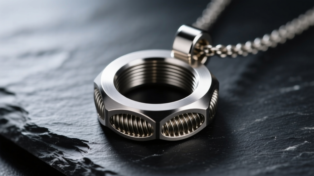 Macro view of a CNC titanium bolt ring pendant on dark slate, showing industrial threading and a matte brushed metal finish.