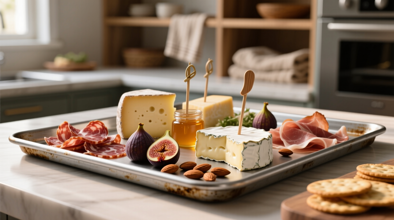 serve cheese and charcuterie on rimmed baking sheets
