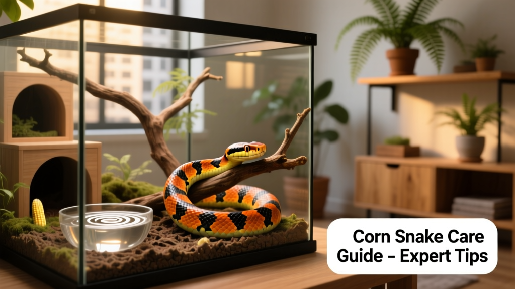 Well-set-up corn snake enclosure with hiding spots, climbing branches, water dish, and appropriate substrate