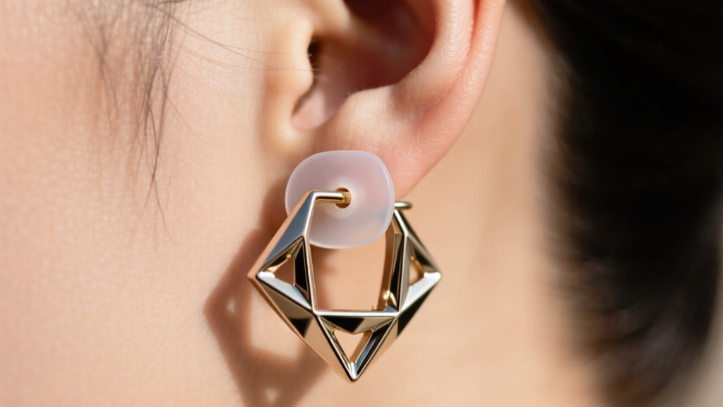Close-up of a heavy designer earring post secured with a clear silicone support back and an adhesive ear lobe lifting patch