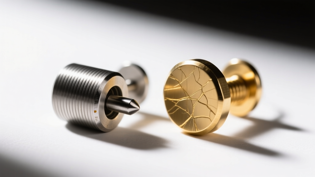 Macro photo of a 20-gauge steel earring post beside a brass post, showing metal grain and plating differences under bright light