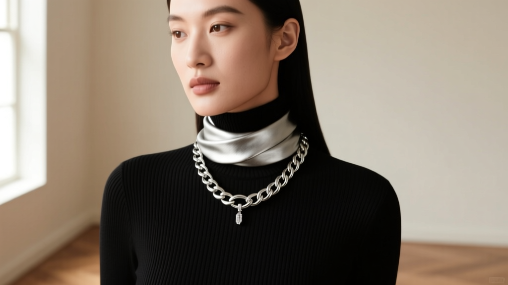 Model wearing a chunky silver scarf charm slider necklace over a black ribbed turtleneck, captured in soft natural window light.