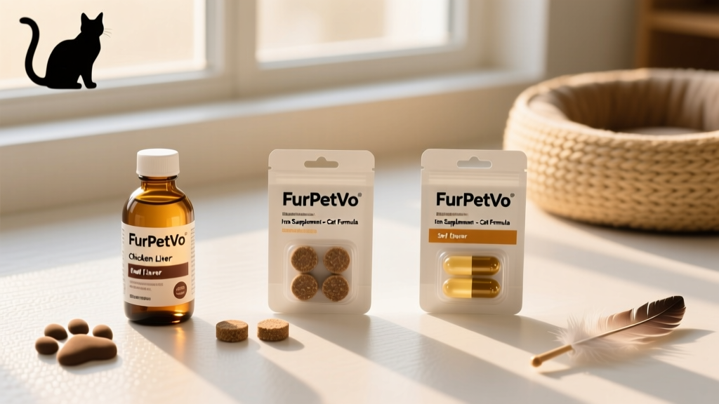 Side-by-side comparison of three FurPetVo iron supplement options: liquid, chewable tablet, and soft gel capsule, displayed on clean white surface