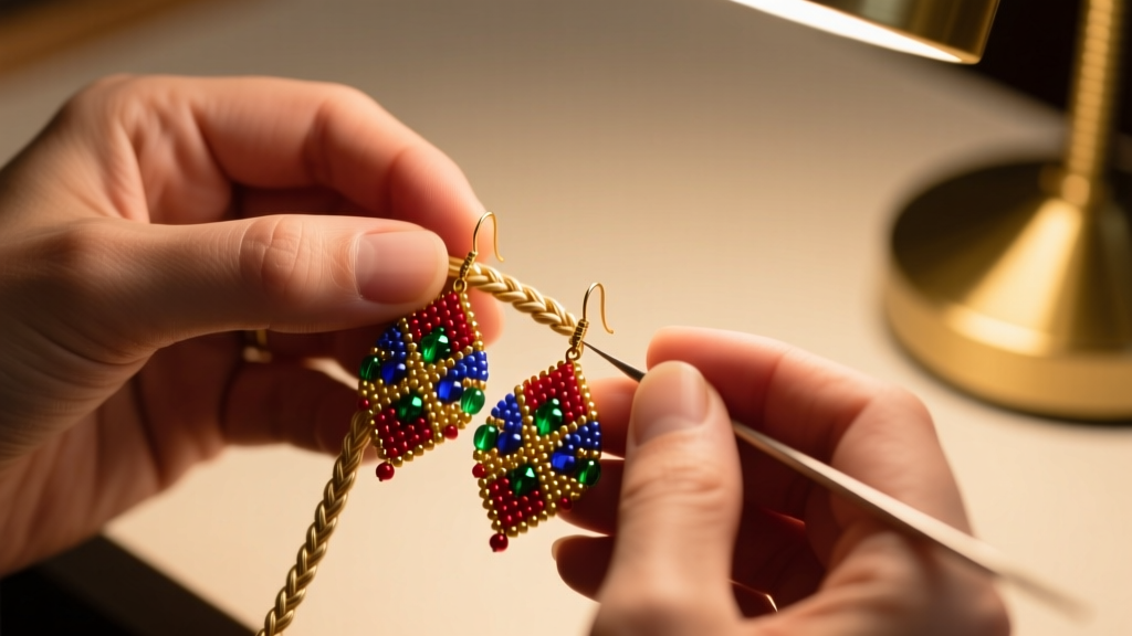 Hands crafting peyote stitch beaded earrings patterns with vibrant seed beads and braided beading thread under warm desk lighting