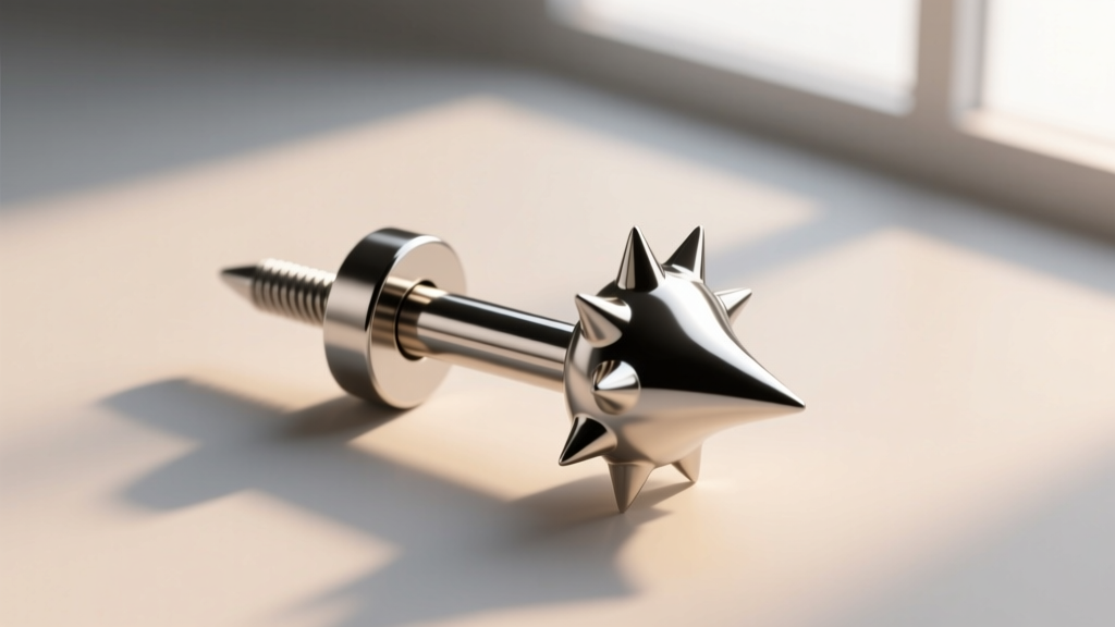 Top view of a threadless flat-back labret post with a heavy spiked end, revealing the secure push-pin connection mechanism