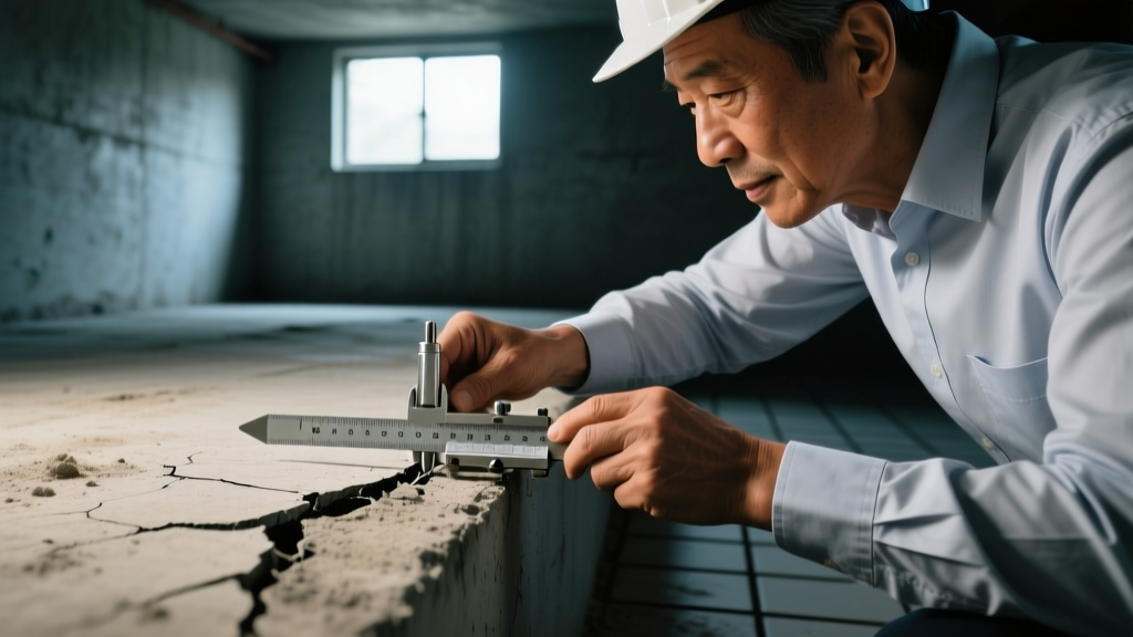 Close-up of a structural engineer using a crack width gauge to measure a diagonal concrete foundation crack in a dimly lit basement