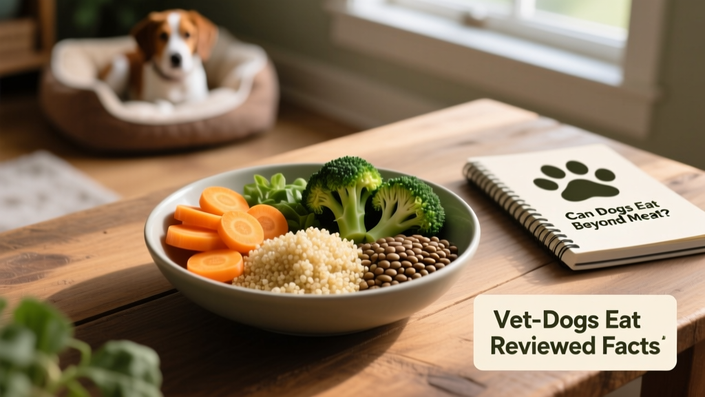 A bowl of dog-safe plant-based foods including sliced carrots, cooked quinoa, steamed broccoli, and lentils