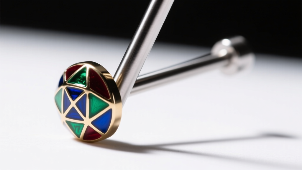 Macro photography showing the bent pin of a 16-gauge threadless titanium labret post being inserted into a decorative end