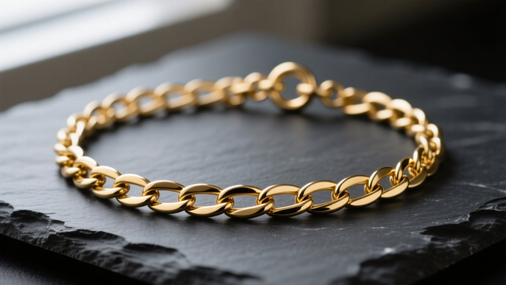 Macro shot of a 14k gold cable chain necklace on dark slate, showing uniform oval links and a spring-ring clasp under soft light.