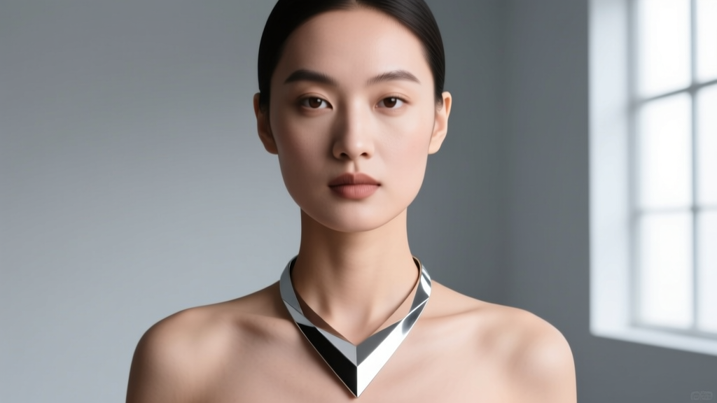 Model with a round face wearing a sharp geometric V-shaped silver lariat necklace against a neutral grey studio backdrop.