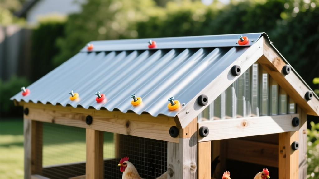 Corrugated galvanized metal roofing panels with neoprene washer screws installed on a wooden backyard chicken coop frame in bright sunlight.