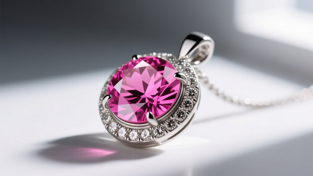 Macro side profile of a bezel-set vivid pink diamond pendant highlighting the platinum setting and stone depth under bright light.