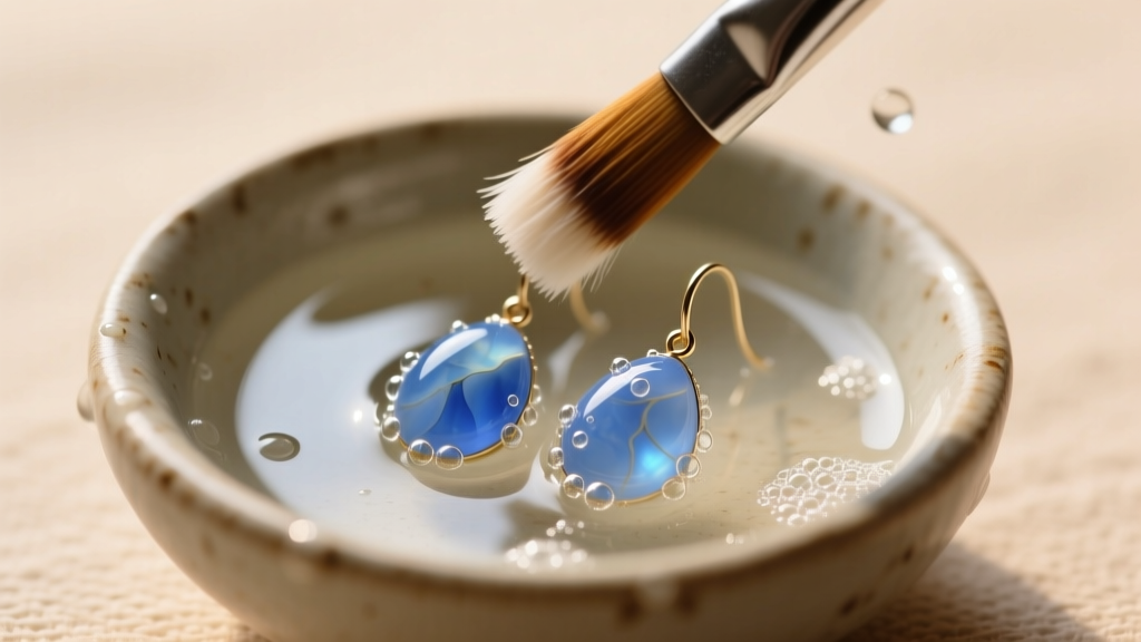 A soft-bristled brush gently cleaning a pair of delicate blue chalcedony drop earrings in a small ceramic bowl of warm soapy water.