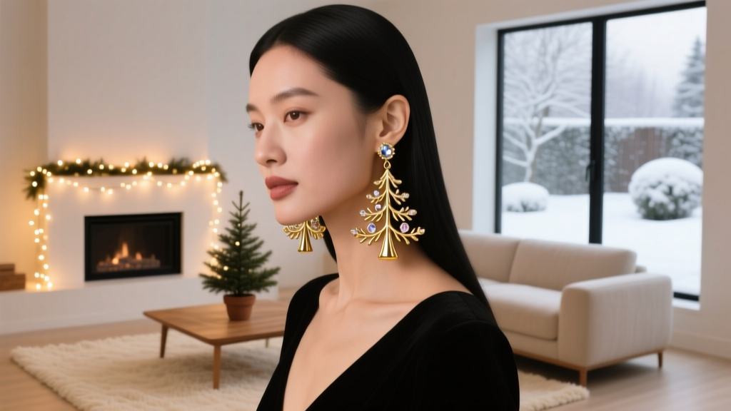 Elegant woman wearing gold BaubleBar Christmas tree drop earrings, illuminated by soft warm holiday fairy lights in a cozy room.