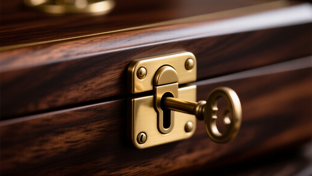 Close-up of a brushed brass cam lock on a dark walnut jewelry box lid, key inserted, illuminated by soft directional lighting