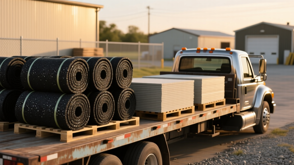 Waterford Michigan building supply yard with stacked asphalt roofing bundles and fiber cement siding pallets on a flatbed delivery truck