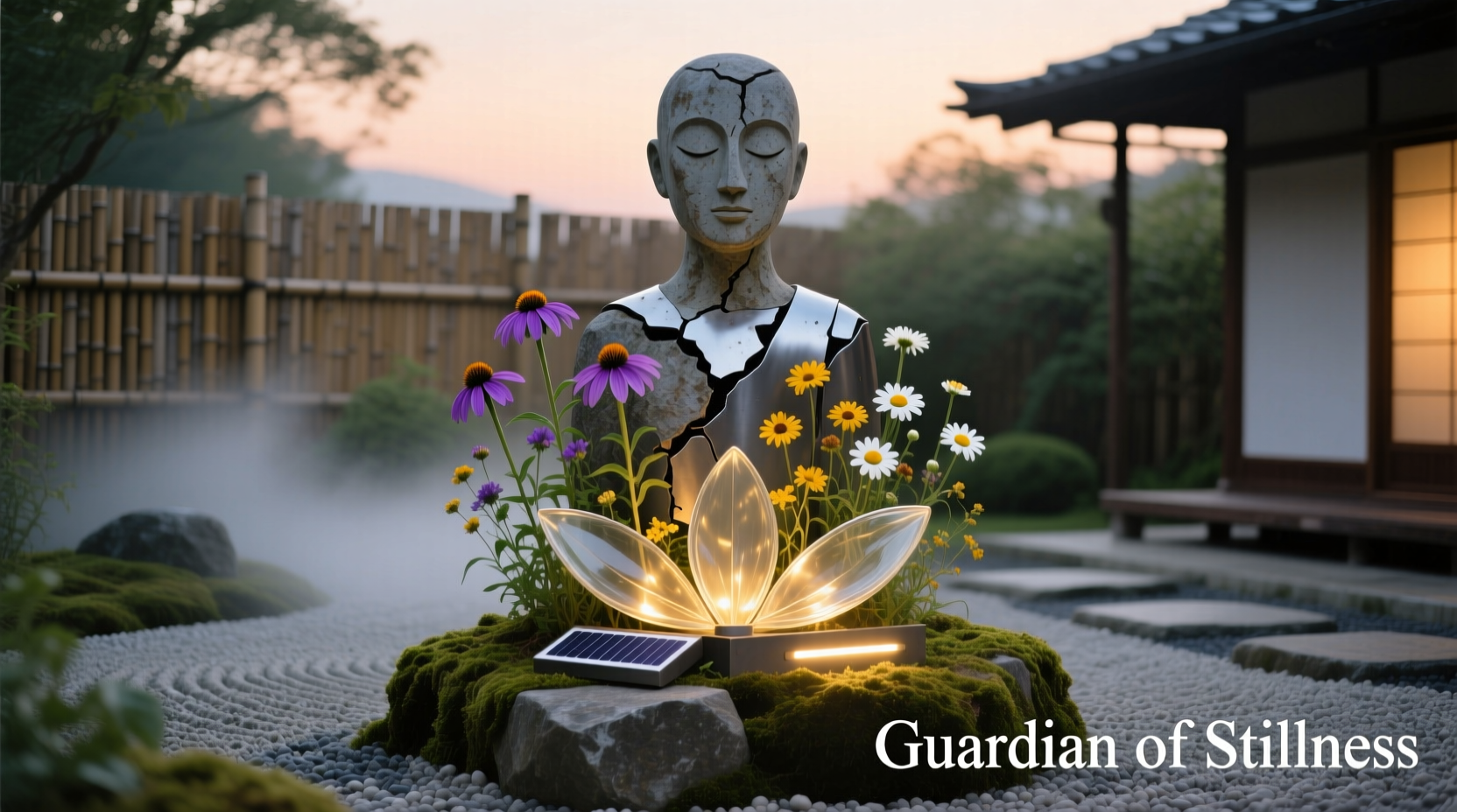 Custom garden observer with embedded flowers and solar lighting